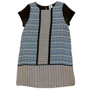 AINA BE Super Cute Boutique Summer Dress/Tunic Blue Black Lined Short Sleeve M